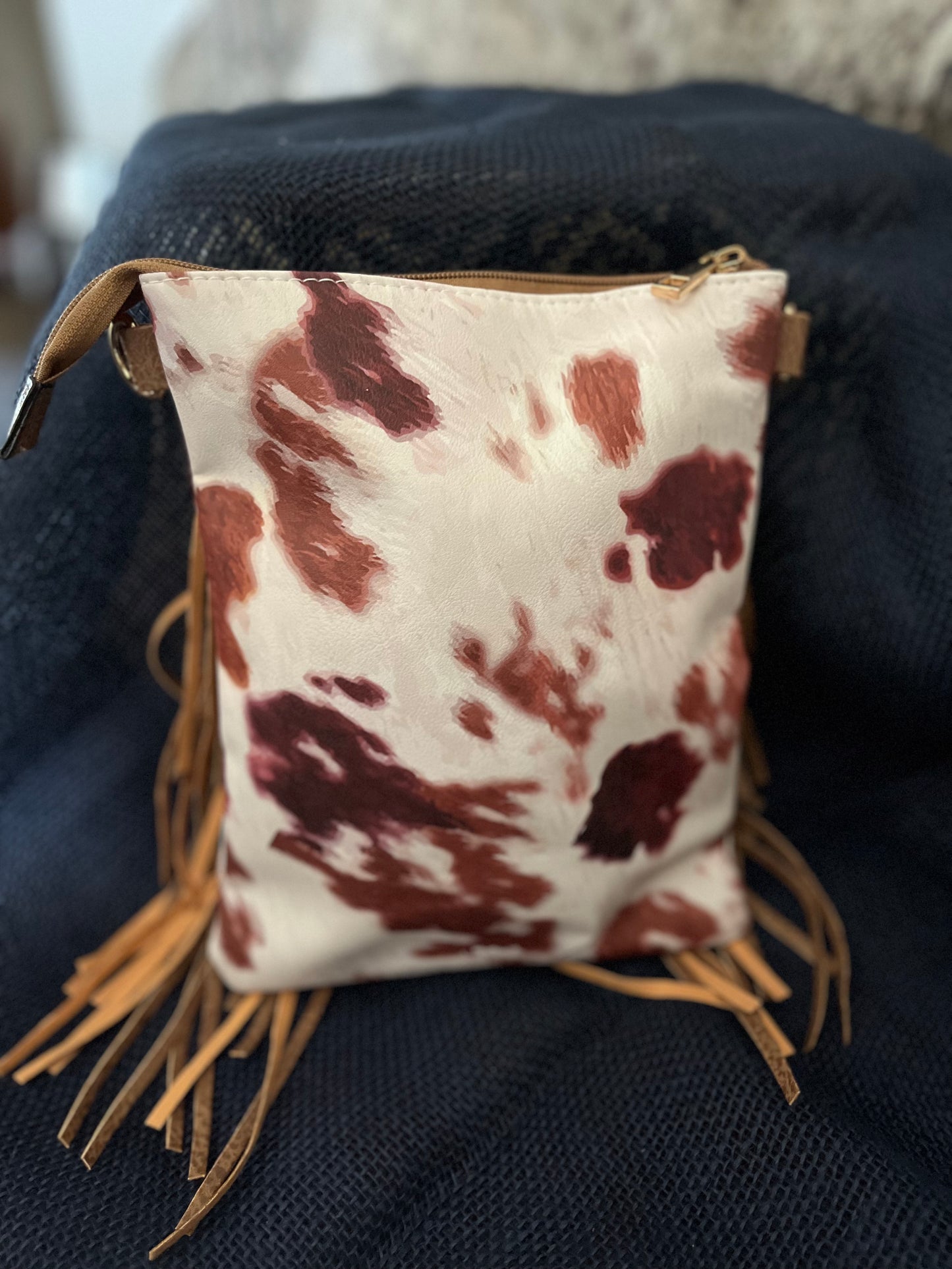 Fringe Front Cowprint Crossbody