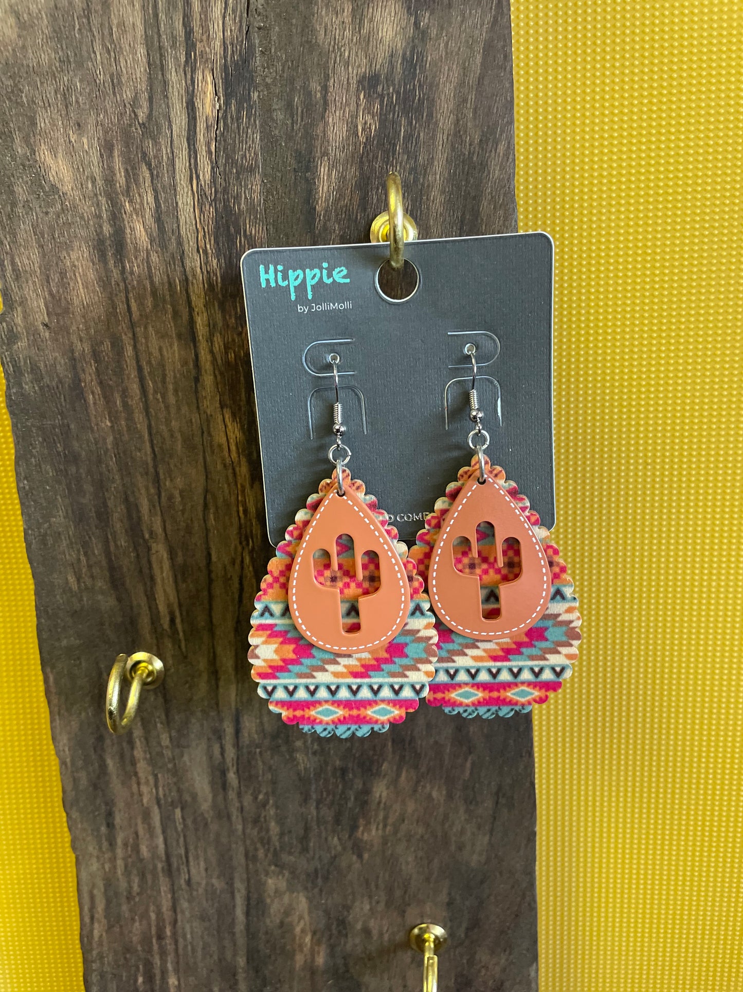 Wood and Metal Serape Cactus Earrings