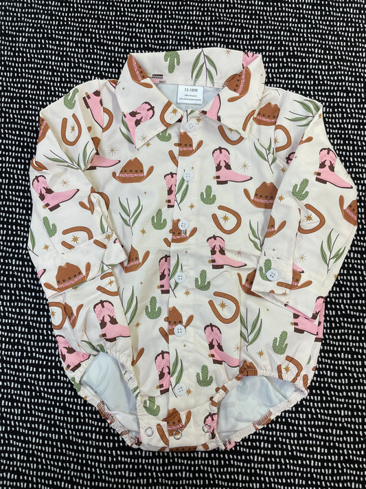 Pretty in Pink Boots Button Up Onesie