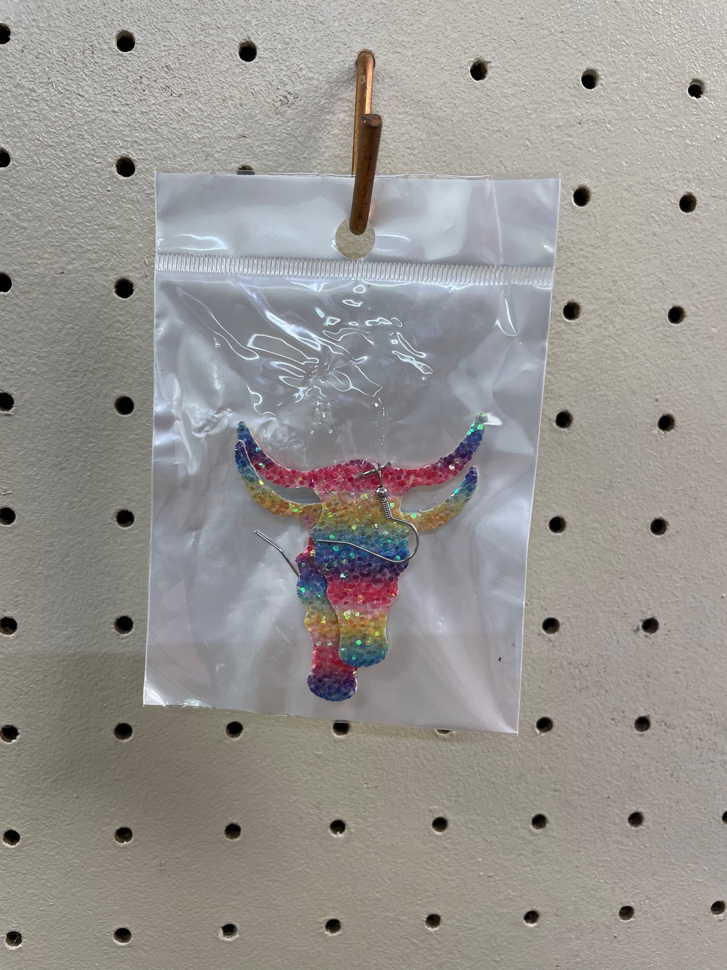 Rainbow Glitter Cow Skull Earring