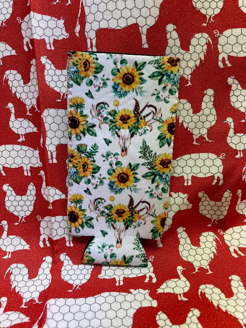 Sunflower Cow Skull Slim Can Koozie