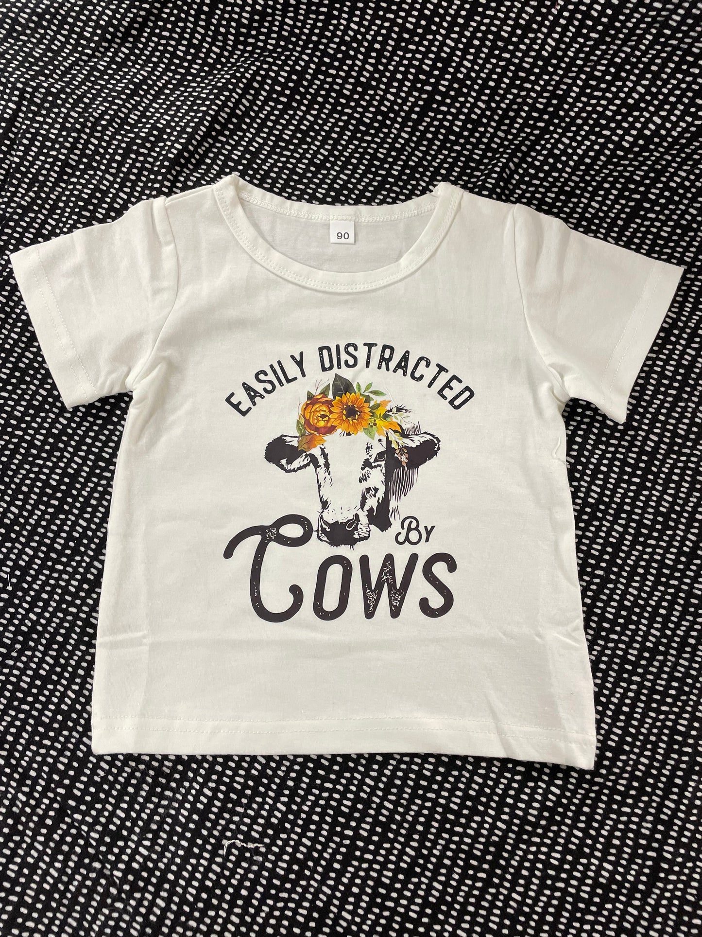 Easily Distracted by Cows Tee with Cow Print Bells Set