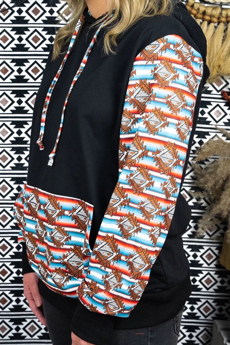 Black Hoodie with Blue/Orange Aztec Sleeve and Pocket Design