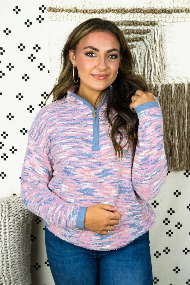 Pink and Blue Knit Quarter Zip Pullover