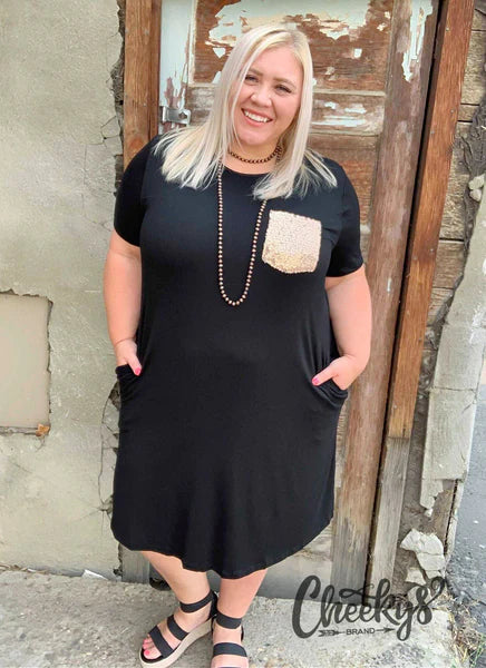 Black T-Shirt Dress with Sequin Chest Pocket